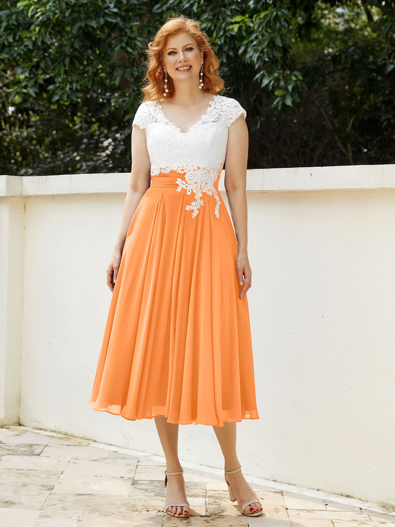 Cap Sleeves Chiffon Dresses with Ivory Bodice Orange